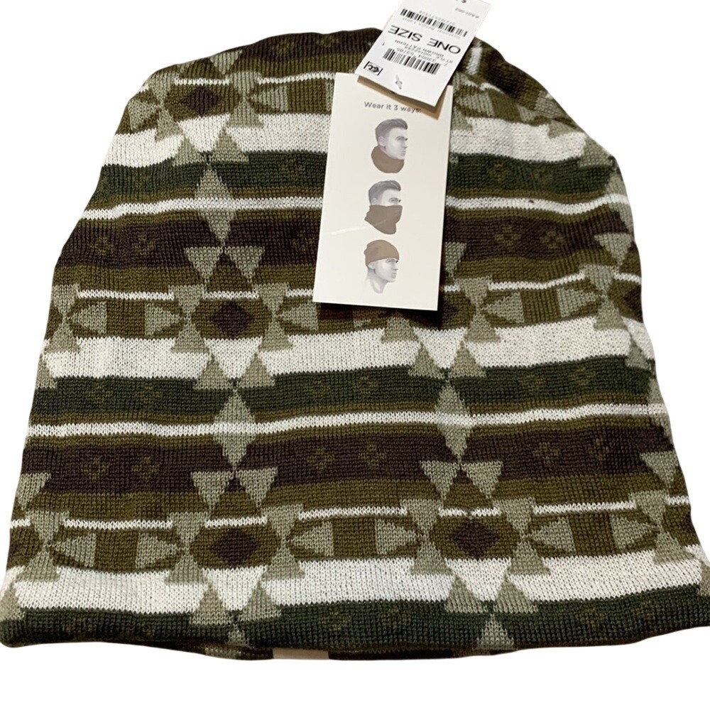 NWT Sun + Stone Green and White Tribal Knit Beanie Neck Gaiter Wear 3 Ways